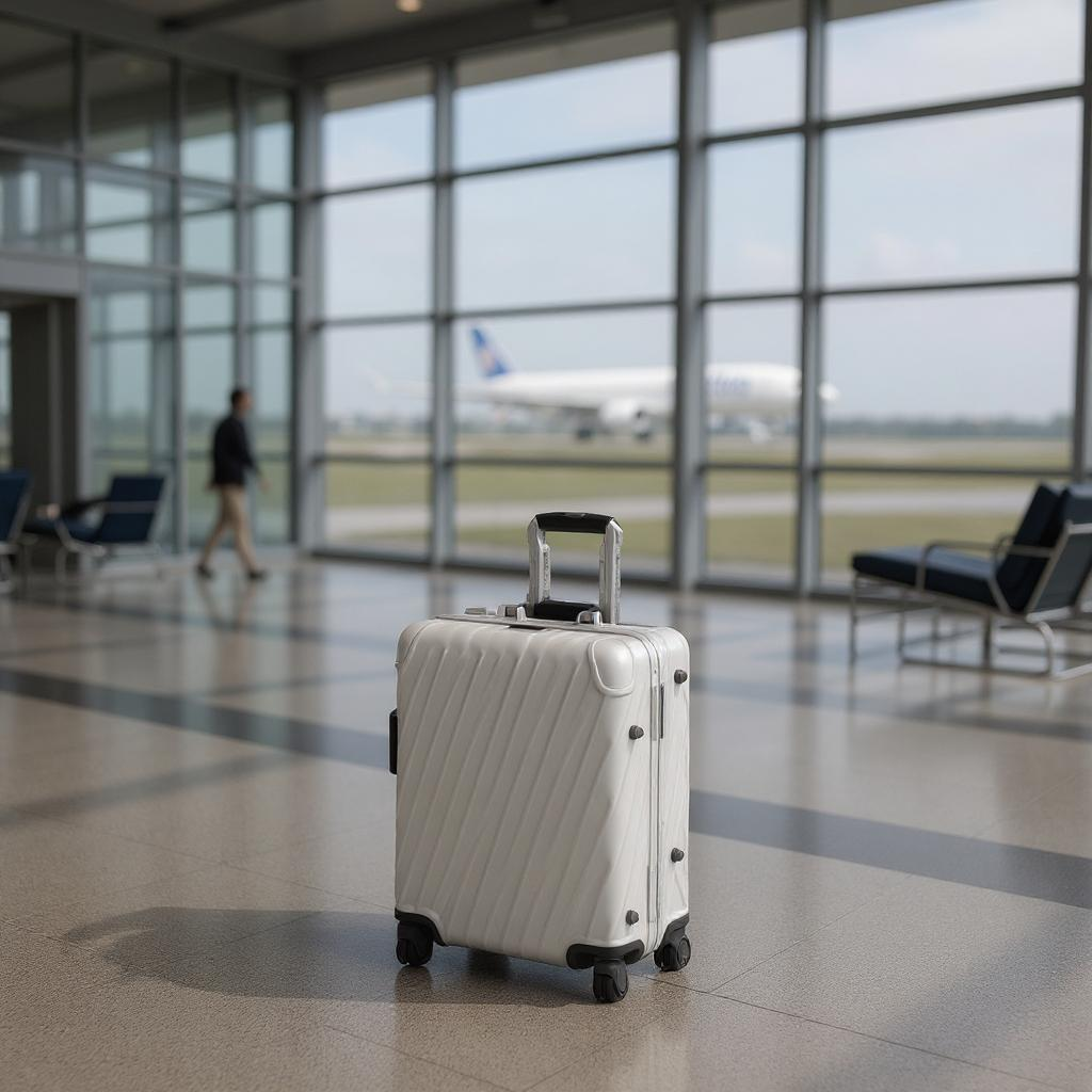 AI generated 3D photo of a TUMI suitcase in an airport by a window