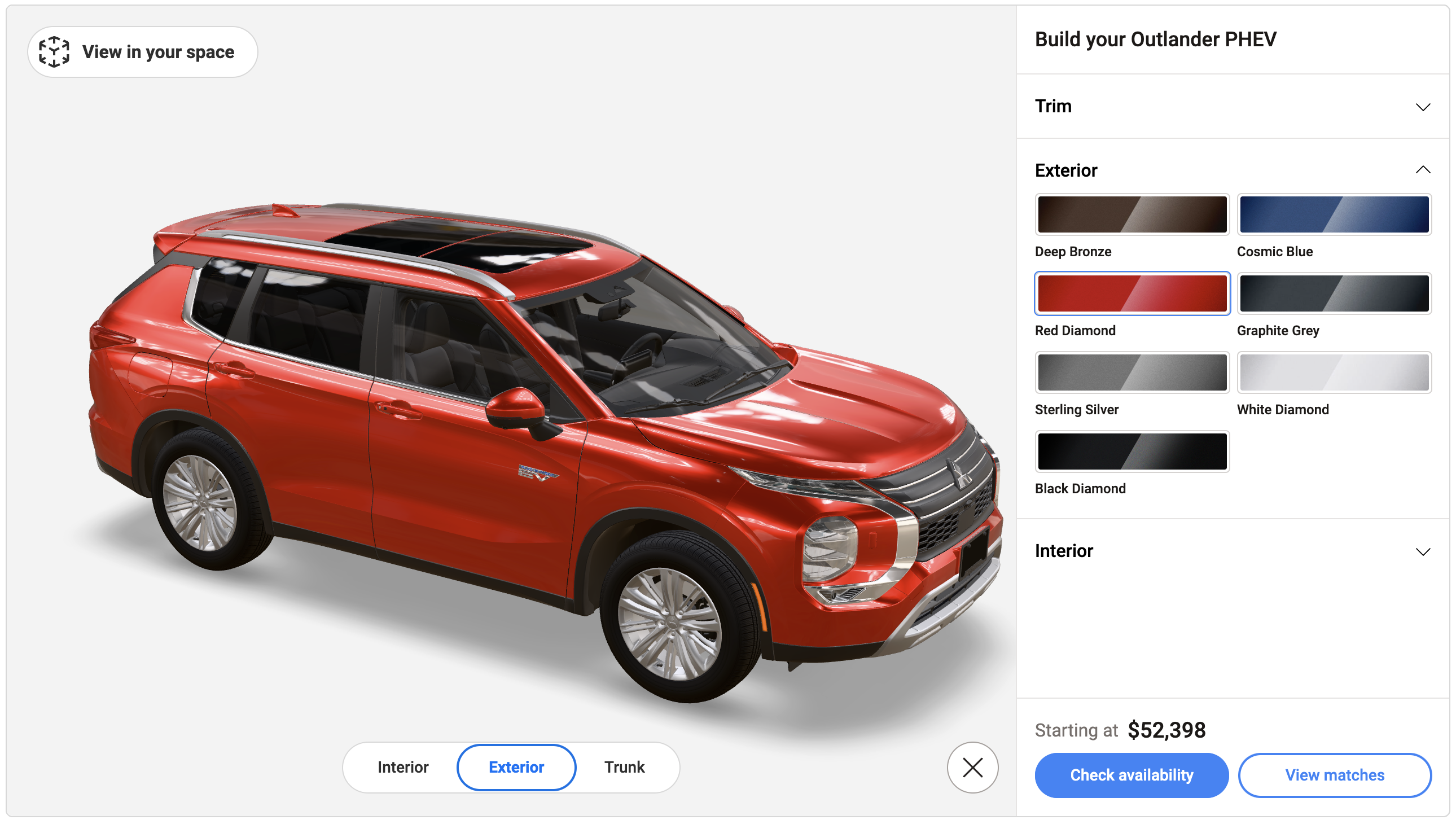 Screenshot of Mitsubishi customization in a 3D car configurator