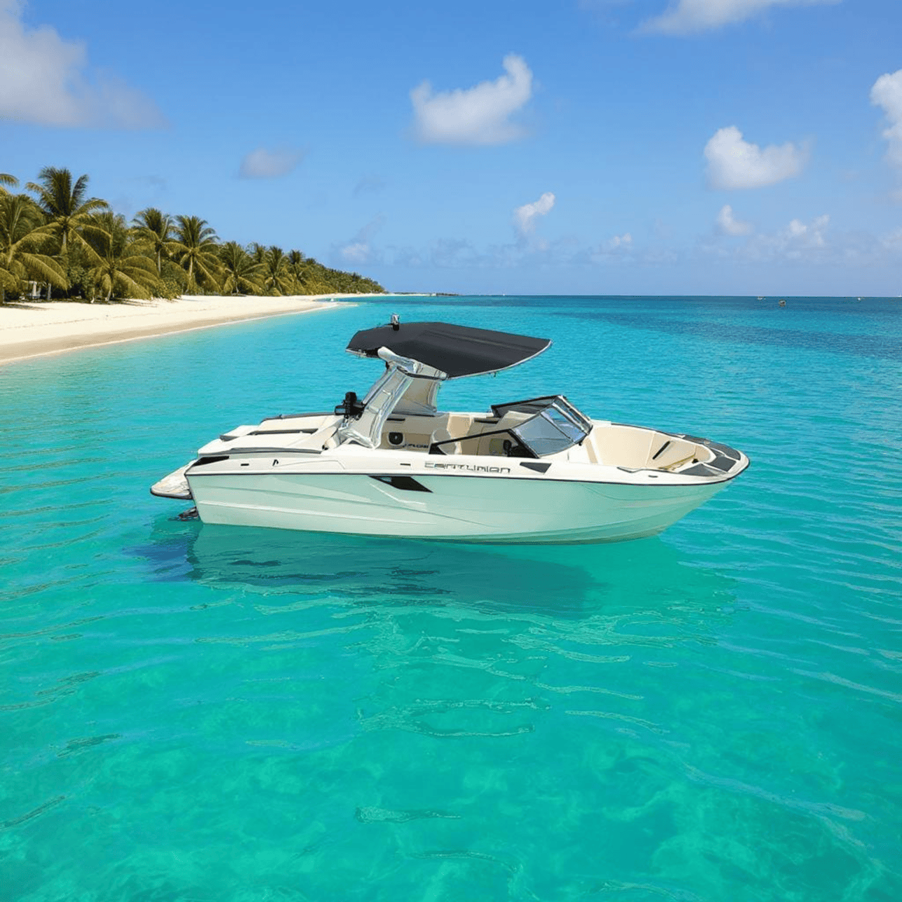 3D rendered photo of a boat floating by a tropical beach