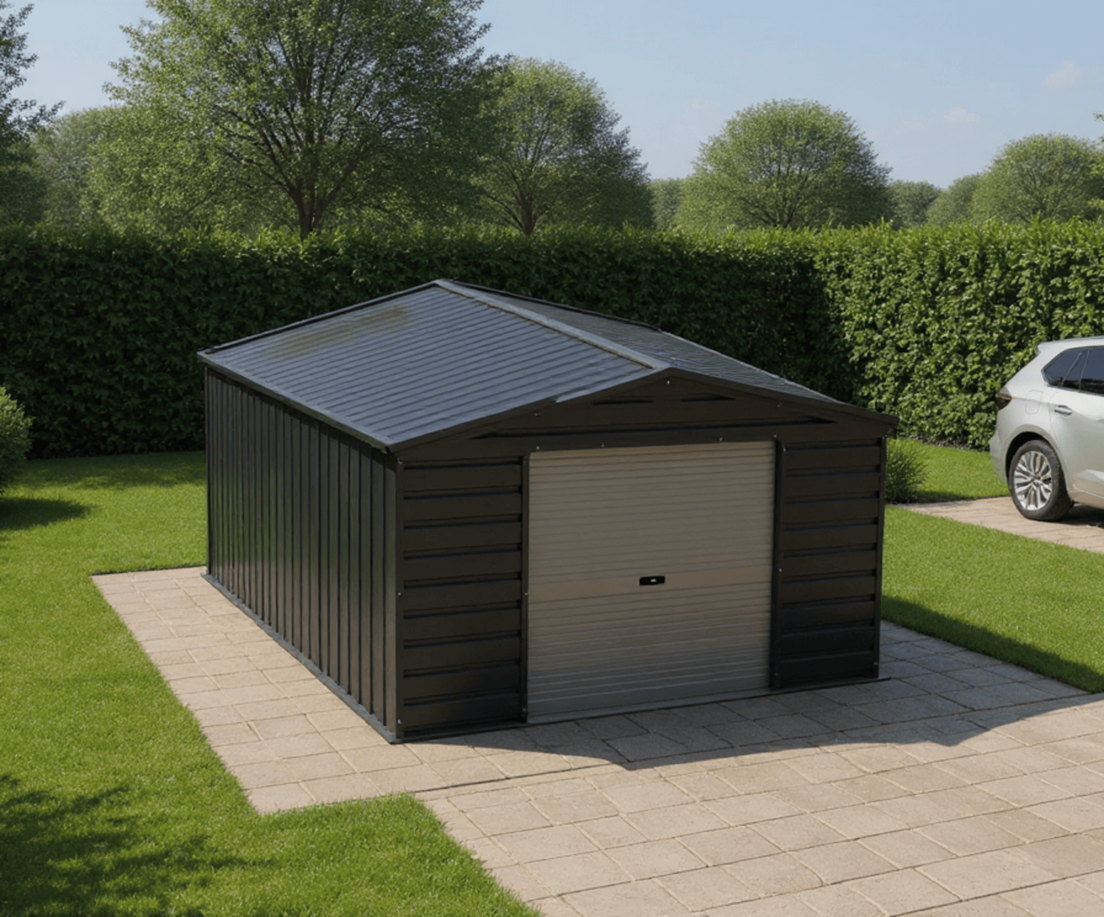 AI-generated image of shed in leafy garden next to parked car