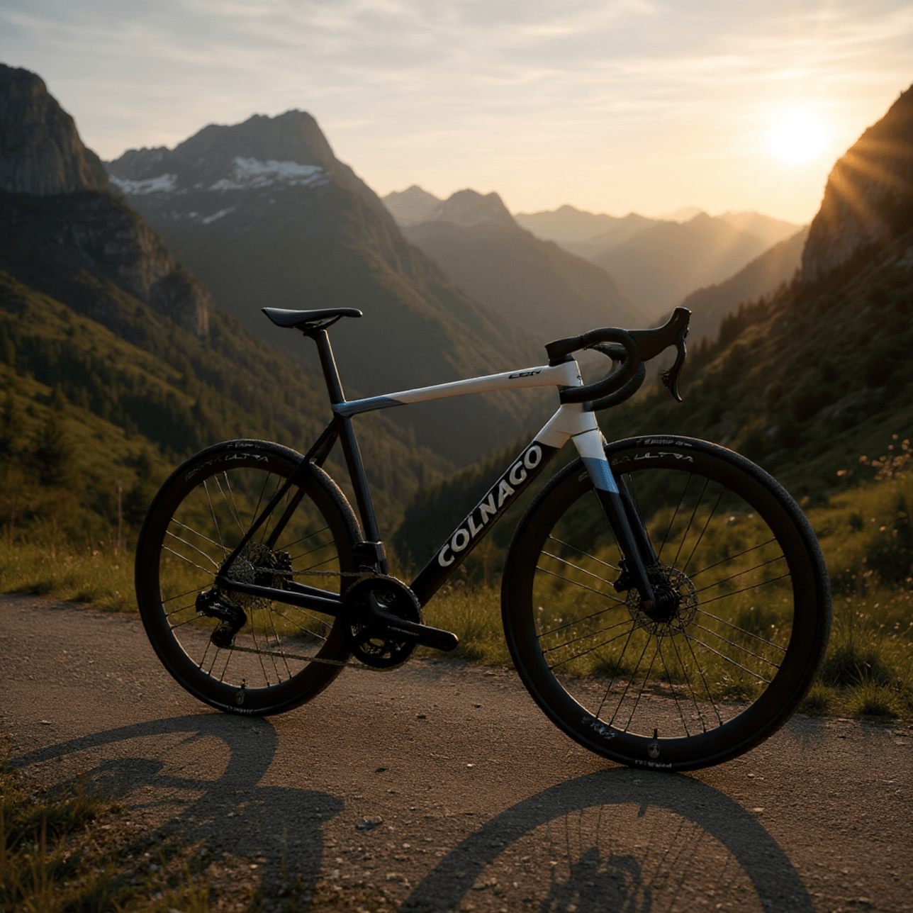 AI generated virtual photo of Colnago bike in mountains at dusk