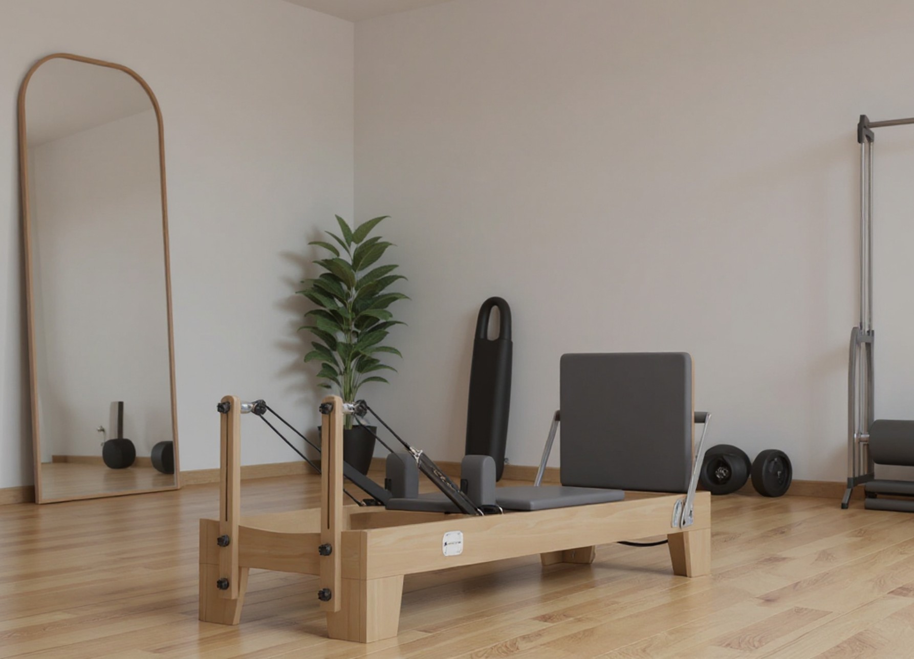 AI generated photo of Pilates reformer in a Pilates studio