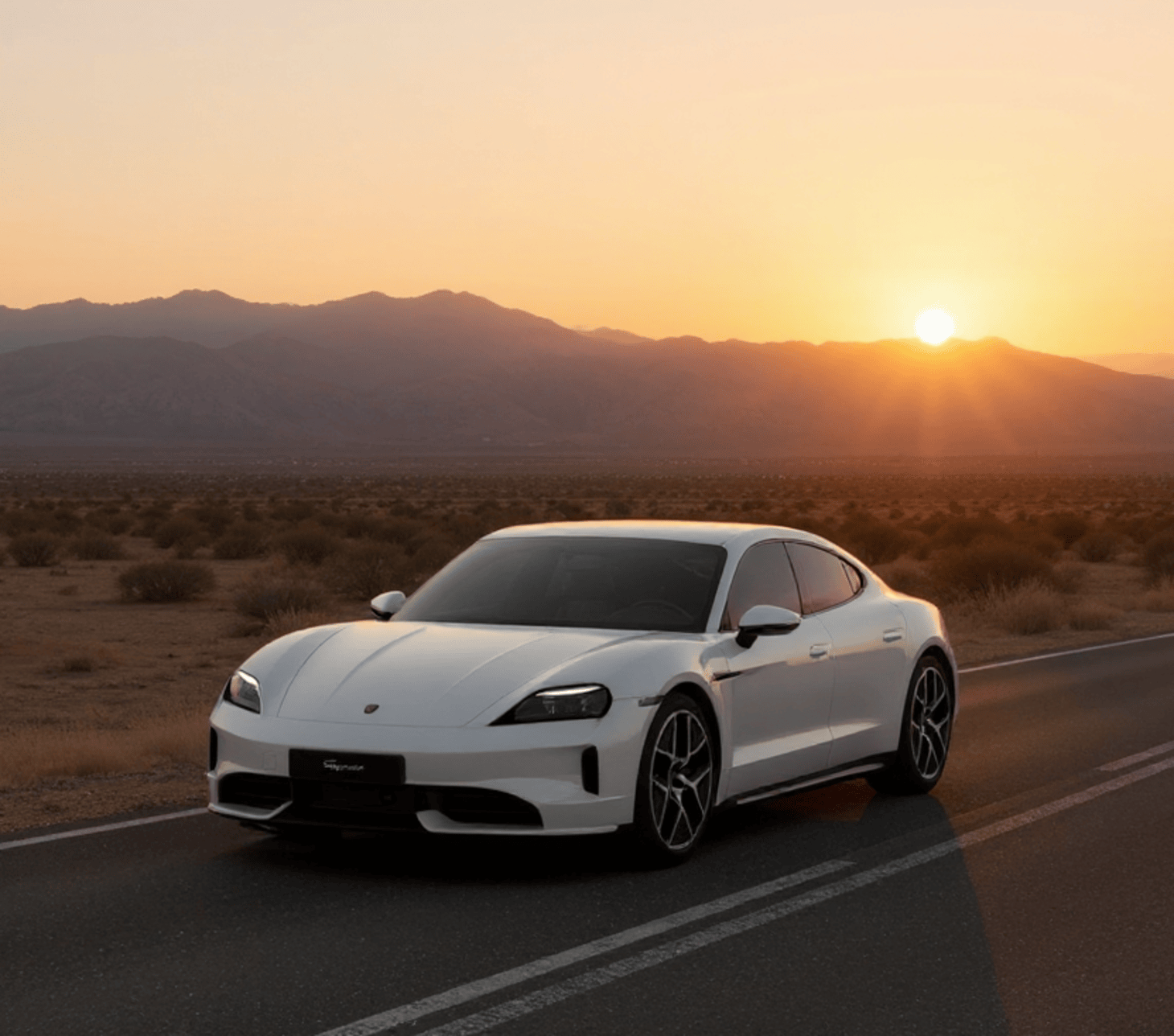 AI-generated virtual photo of Porsche Taycan on desert road